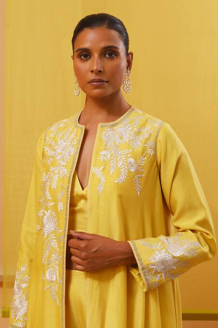 Sue Mue_Yellow Silk Satin, Silk, Chanderi Embroidery Plunge Thread Jacket Pant Set _Online_at_Aza_Fashions