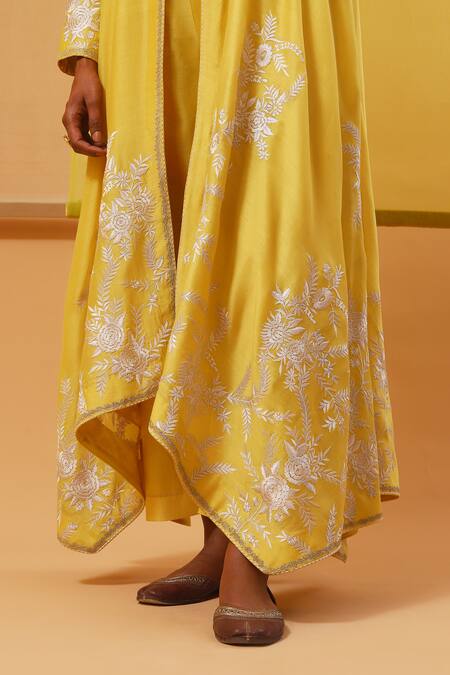 Shop_Sue Mue_Yellow Silk Satin, Silk, Chanderi Embroidery Plunge Thread Jacket Pant Set _Online_at_Aza_Fashions