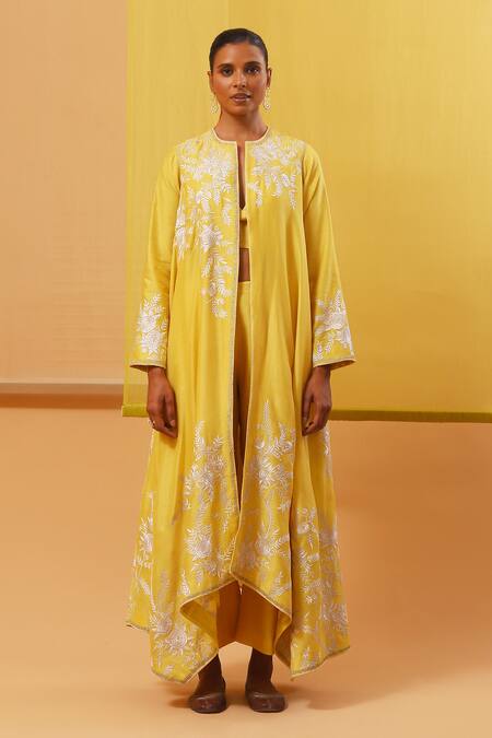 Sue Mue_Yellow Silk Satin, Silk, Chanderi Embroidery Plunge Thread Jacket Pant Set _at_Aza_Fashions