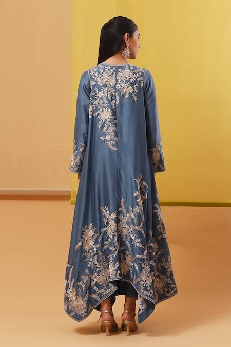 Shop Sue Mue Blue Silk Satin, Chanderi Embroidery Plunge Aqila Asymmetric Jacket Pant Set at Aza Fashions Shop_Sue Mue_Blue Silk Satin, Chanderi Embroidery Plunge Aqila Asymmetric Jacket Pant Set _at_Aza_Fashions