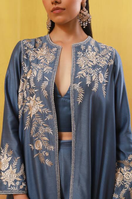 Sue Mue Blue Silk Satin, Chanderi Embroidery Plunge Aqila Asymmetric Jacket Pant Set Online at Aza Fashions Sue Mue_Blue Silk Satin, Chanderi Embroidery Plunge Aqila Asymmetric Jacket Pant Set _Online_at_Aza_Fashions
