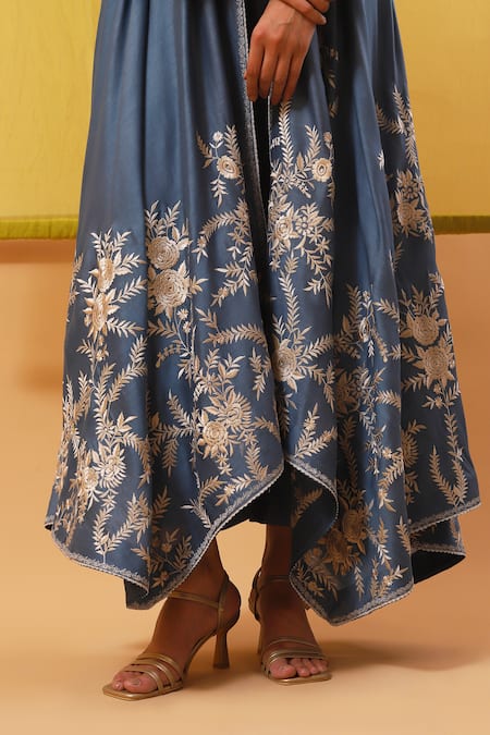 Buy Sue Mue Blue Silk Satin, Chanderi Embroidery Plunge Aqila Asymmetric Jacket Pant Set Online at Aza Fashions Buy_Sue Mue_Blue Silk Satin, Chanderi Embroidery Plunge Aqila Asymmetric Jacket Pant Set _Online_at_Aza_Fashions