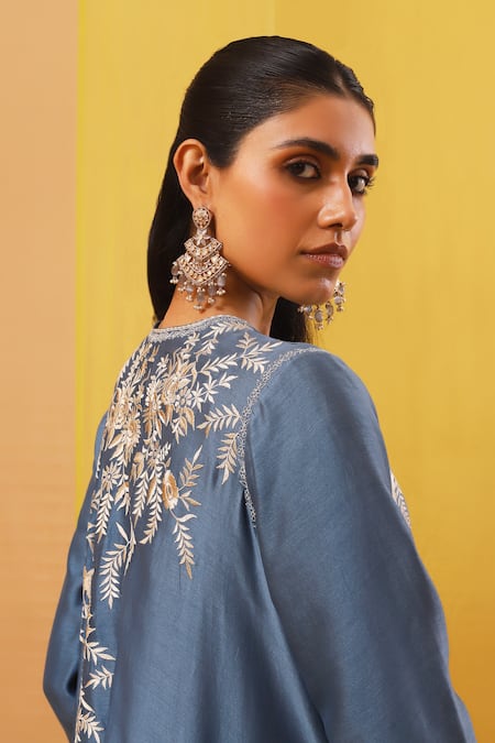 Shop Sue Mue Blue Silk Satin, Chanderi Embroidery Plunge Aqila Asymmetric Jacket Pant Set Online at Aza Fashions Shop_Sue Mue_Blue Silk Satin, Chanderi Embroidery Plunge Aqila Asymmetric Jacket Pant Set _Online_at_Aza_Fashions
