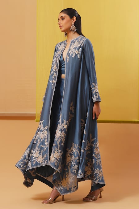 Sue Mue Blue Silk Satin, Chanderi Embroidery Plunge Aqila Asymmetric Jacket Pant Set at Aza Fashions Sue Mue_Blue Silk Satin, Chanderi Embroidery Plunge Aqila Asymmetric Jacket Pant Set _at_Aza_Fashions