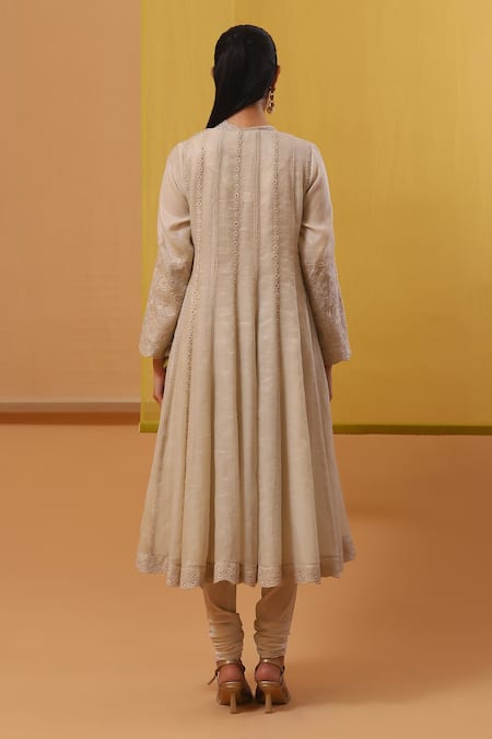 Sue Mue_Beige Handloom Cotton, Chanderi, Lycra Embroidery, Haya Thread Angarkha Set _Online_at_Aza_Fashions