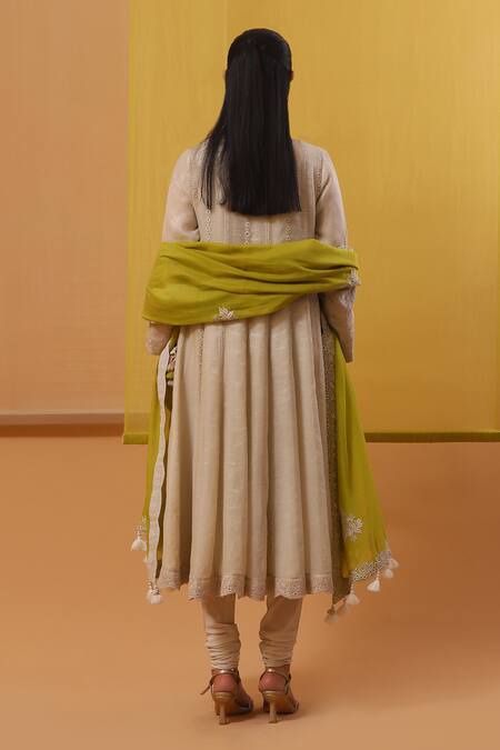 Buy_Sue Mue_Beige Handloom Cotton, Chanderi, Lycra Embroidery, Haya Thread Angarkha Set _Online_at_Aza_Fashions
