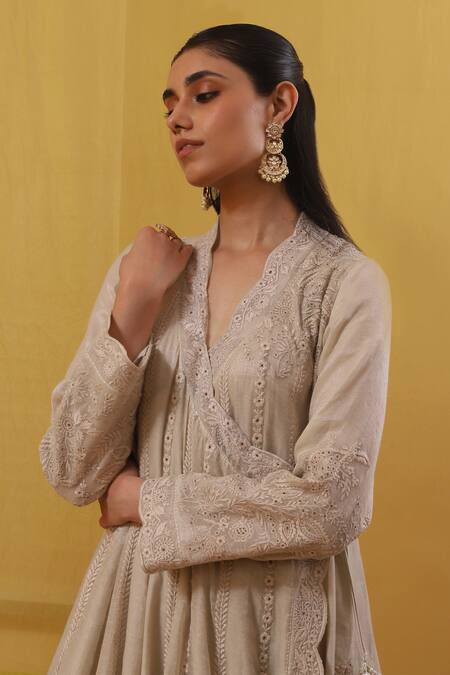Shop_Sue Mue_Beige Handloom Cotton, Chanderi, Lycra Embroidery, Haya Thread Angarkha Set _Online_at_Aza_Fashions