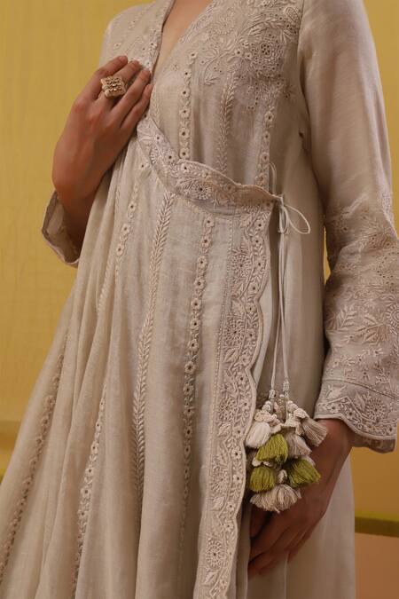 Sue Mue_Beige Handloom Cotton, Chanderi, Lycra Embroidery, Haya Thread Angarkha Set _at_Aza_Fashions