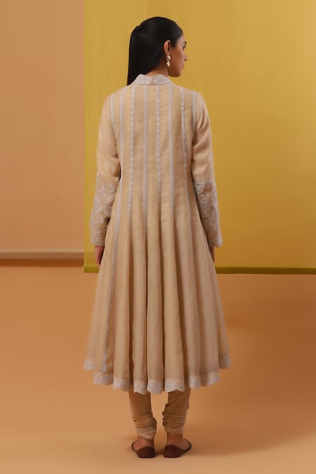 Shop Sue Mue Beige Handloom Cotton, Chanderi, Lycra Embroidery, Hena Threadwork Angarkha Set at Aza Fashions Shop_Sue Mue_Beige Handloom Cotton, Chanderi, Lycra Embroidery, Hena Threadwork Angarkha Set _at_Aza_Fashions