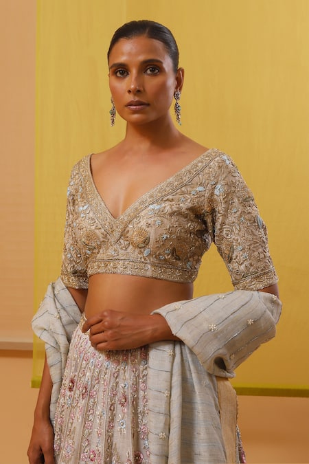 Buy_Sue Mue_Off White Handloom Cotton Sequins, Pearls, Zari, Gulaab Bridal Lehenga Set _Online_at_Aza_Fashions