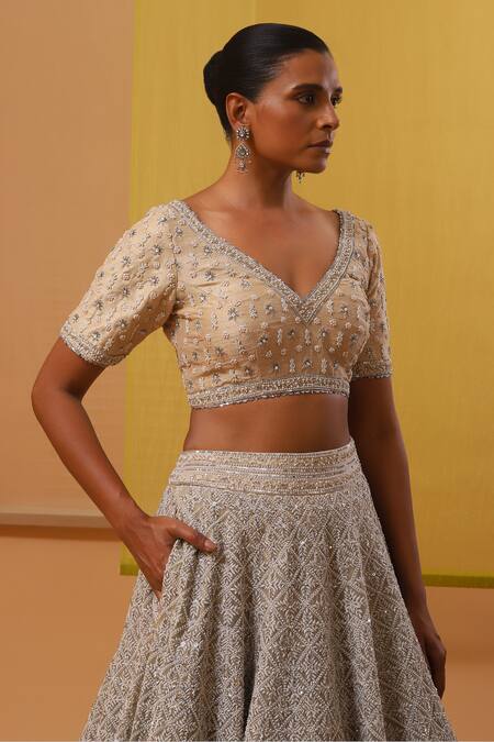Buy_Sue Mue_Off White , Organza, Barika Swarovski Embroidered Bridal Lehenga Set _Online_at_Aza_Fashions