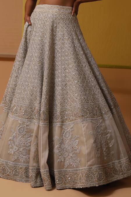 Shop_Sue Mue_Off White , Organza, Barika Swarovski Embroidered Bridal Lehenga Set _Online_at_Aza_Fashions