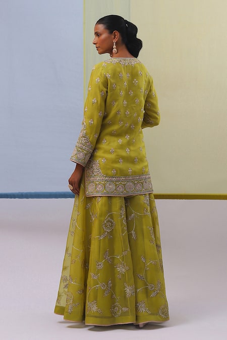 Sue Mue_Green Silk Organza, Handloom Cotton Pearls, Aali Thread Kurta Sharara Set _Online_at_Aza_Fashions
