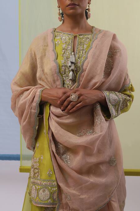 Shop_Sue Mue_Green Silk Organza, Handloom Cotton Pearls, Aali Thread Kurta Sharara Set _Online_at_Aza_Fashions