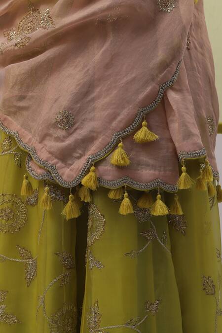 Sue Mue_Green Silk Organza, Handloom Cotton Pearls, Aali Thread Kurta Sharara Set _at_Aza_Fashions