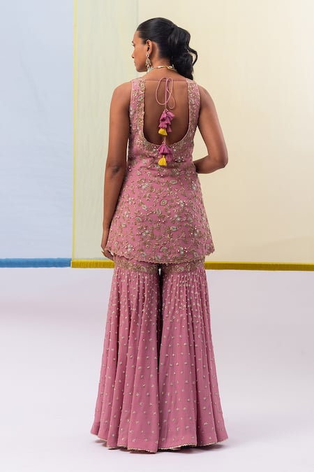 Sue Mue Pink , Georgette, , Zari, Afee Kurta Gharara Set Online at Aza Fashions Sue Mue_Pink , Georgette, , Zari, Afee Kurta Gharara Set _Online_at_Aza_Fashions