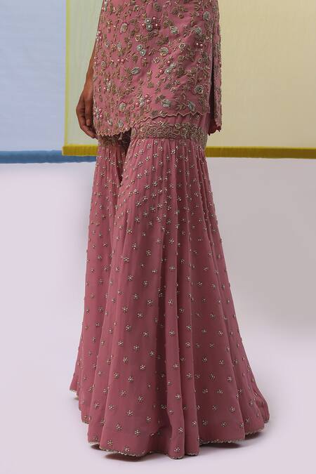 Shop Sue Mue Pink , Georgette, , Zari, Afee Kurta Gharara Set Online at Aza Fashions Shop_Sue Mue_Pink , Georgette, , Zari, Afee Kurta Gharara Set _Online_at_Aza_Fashions