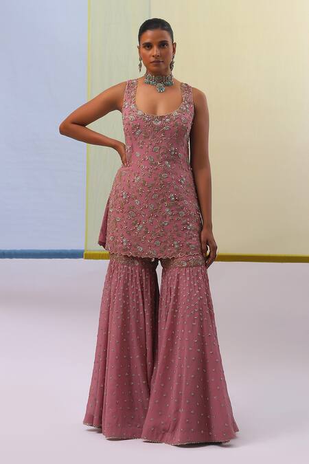 Sue Mue Pink , Georgette, , Zari, Afee Kurta Gharara Set at Aza Fashions Sue Mue_Pink , Georgette, , Zari, Afee Kurta Gharara Set _at_Aza_Fashions