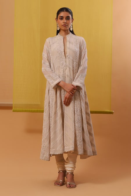 Sue Mue Off White Silk, Chiffon, Lycra Sequins, Zari, Raha A-line Anarkali Set at Aza Fashions Sue Mue_Off White Silk, Chiffon, Lycra Sequins, Zari, Raha A-line Anarkali Set _at_Aza_Fashions