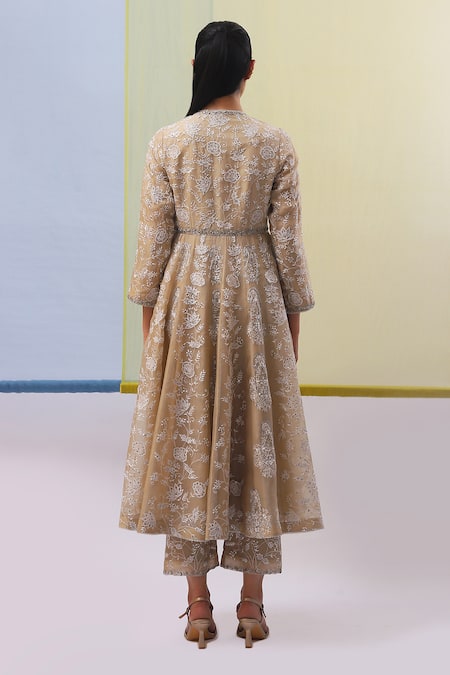 Shop Sue Mue Beige Silk Organza, Chiffon Pearls, Sequins, Diamonds, Nida Dabka Angarkha Set at Aza Fashions Shop_Sue Mue_Beige Silk Organza, Chiffon Pearls, Sequins, Diamonds, Nida Dabka Angarkha Set _at_Aza_Fashions