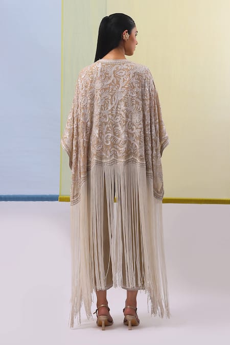 Shop Sue Mue Beige Silk Satin Embroidery Myra Sequin Cape Pant Set at Aza Fashions Shop_Sue Mue_Beige Silk Satin Embroidery Myra Sequin Cape Pant Set _at_Aza_Fashions