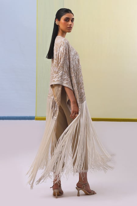 Sue Mue Beige Silk Satin Embroidery Myra Sequin Cape Pant Set at Aza Fashions Sue Mue_Beige Silk Satin Embroidery Myra Sequin Cape Pant Set _at_Aza_Fashions