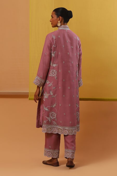 Shop_Sue Mue_Pink Handloom Cotton, Silk Pearls, Sequins, Embroidery Alizha Floral Kurta Set _at_Aza_Fashions