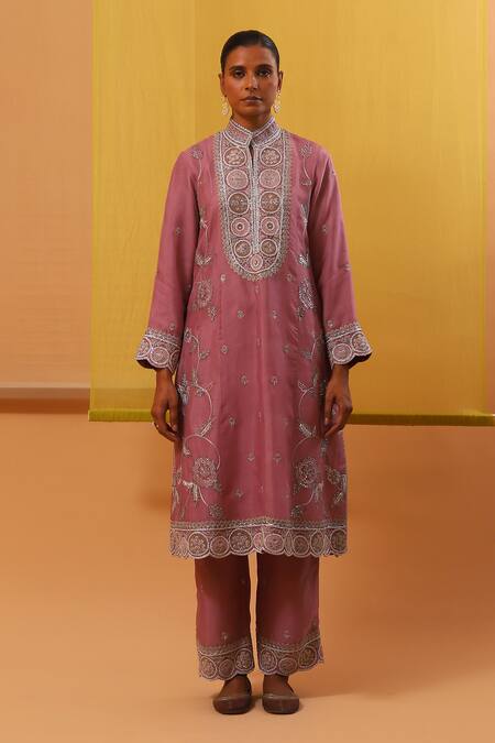 Shop_Sue Mue_Pink Handloom Cotton, Silk Pearls, Sequins, Embroidery Alizha Floral Kurta Set _Online_at_Aza_Fashions
