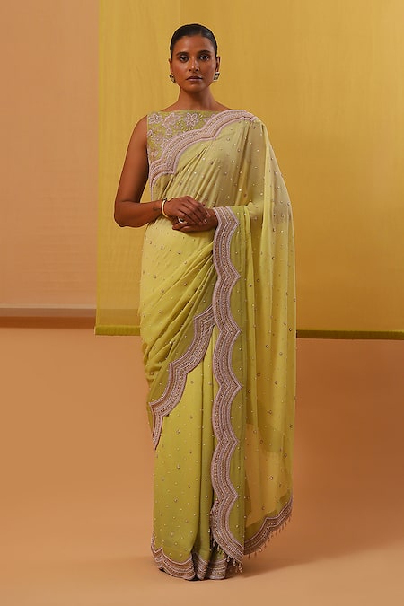 Sue Mue Hafia Scallop Border Embellished Saree With Blouse 