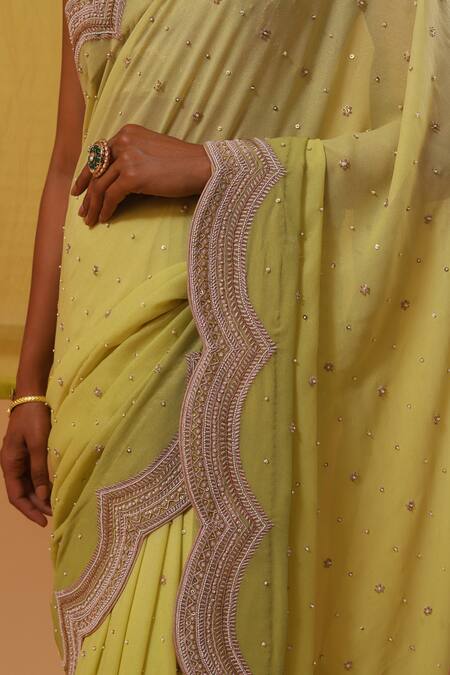 Buy Sue Mue Green Silk Organza Sequins, Hafia Scallop Border Embellished Saree With Blouse Online at Aza Fashions Buy_Sue Mue_Green Silk Organza Sequins, Hafia Scallop Border Embellished Saree With Blouse _Online_at_Aza_Fashions