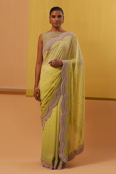Shop Sue Mue Green Silk Organza Sequins, Hafia Scallop Border Embellished Saree With Blouse Online at Aza Fashions Shop_Sue Mue_Green Silk Organza Sequins, Hafia Scallop Border Embellished Saree With Blouse _Online_at_Aza_Fashions