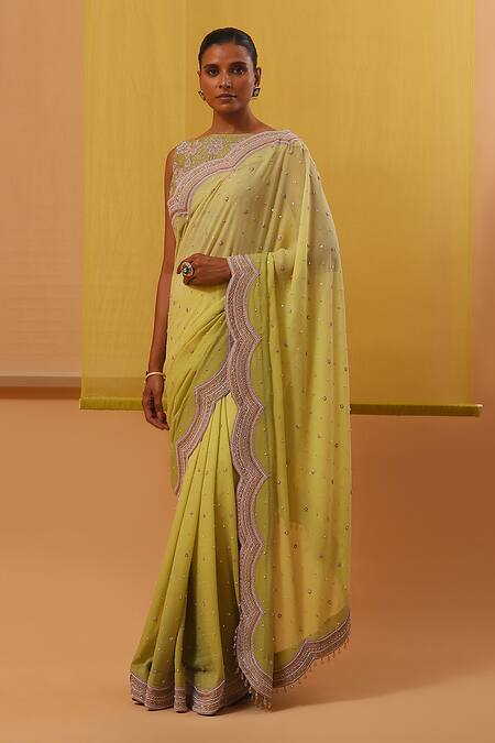 Sue Mue Green Silk Organza Sequins, Hafia Scallop Border Embellished Saree With Blouse at Aza Fashions Sue Mue_Green Silk Organza Sequins, Hafia Scallop Border Embellished Saree With Blouse _at_Aza_Fashions
