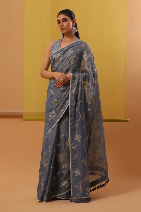 Sue Mue Blue Silk, Cotton Pearls, Sequins, Afifa Zari Embroidered Saree With Blouse at Aza Fashions Sue Mue_Blue Silk, Cotton Pearls, Sequins, Afifa Zari Embroidered Saree With Blouse _at_Aza_Fashions