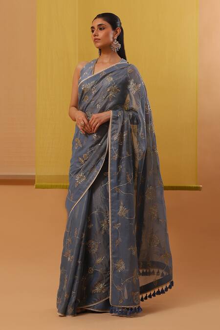 Buy Sue Mue Blue Silk, Cotton Pearls, Sequins, Afifa Zari Embroidered Saree With Blouse Buy_Sue Mue_Blue Silk, Cotton Pearls, Sequins, Afifa Zari Embroidered Saree With Blouse
