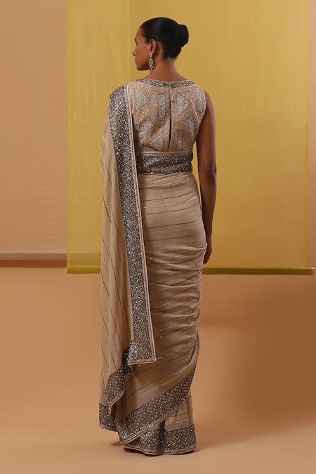 Sue Mue Sidra Stripe Embroidered Saree With Blouse 