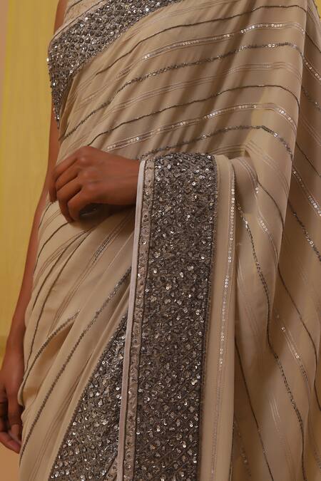 Buy Sue Mue Beige Silk, Georgette Sequins, Zari, Sidra Stripe Embroidered Saree With Blouse Online at Aza Fashions Buy_Sue Mue_Beige Silk, Georgette Sequins, Zari, Sidra Stripe Embroidered Saree With Blouse _Online_at_Aza_Fashions