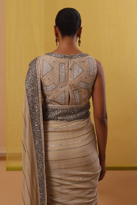 Shop Sue Mue Beige Silk, Georgette Sequins, Zari, Sidra Stripe Embroidered Saree With Blouse Online at Aza Fashions Shop_Sue Mue_Beige Silk, Georgette Sequins, Zari, Sidra Stripe Embroidered Saree With Blouse _Online_at_Aza_Fashions