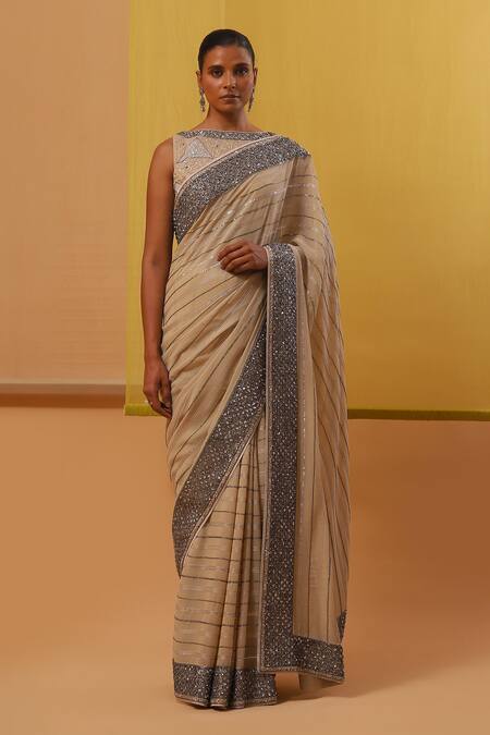 Sue Mue Beige Silk, Georgette Sequins, Zari, Sidra Stripe Embroidered Saree With Blouse at Aza Fashions Sue Mue_Beige Silk, Georgette Sequins, Zari, Sidra Stripe Embroidered Saree With Blouse _at_Aza_Fashions