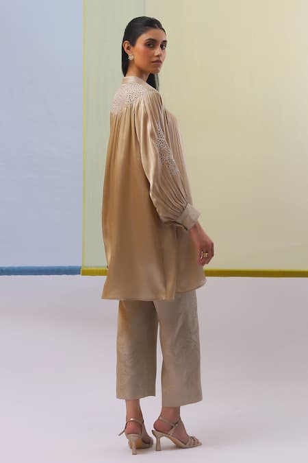 Shop Sue Mue Beige Chiffon, Silk , Embroidery Aafa Sleeve Shirt Kurta Pant Set at Aza Fashions Shop_Sue Mue_Beige Chiffon, Silk , Embroidery Aafa Sleeve Shirt Kurta Pant Set _at_Aza_Fashions