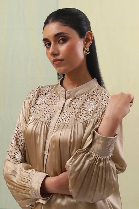 Buy Sue Mue Beige Chiffon, Silk , Embroidery Aafa Sleeve Shirt Kurta Pant Set Online at Aza Fashions Buy_Sue Mue_Beige Chiffon, Silk , Embroidery Aafa Sleeve Shirt Kurta Pant Set _Online_at_Aza_Fashions