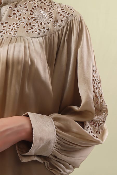 Shop Sue Mue Beige Chiffon, Silk , Embroidery Aafa Sleeve Shirt Kurta Pant Set Online at Aza Fashions Shop_Sue Mue_Beige Chiffon, Silk , Embroidery Aafa Sleeve Shirt Kurta Pant Set _Online_at_Aza_Fashions