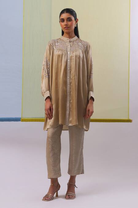 Sue Mue Beige Chiffon, Silk , Embroidery Aafa Sleeve Shirt Kurta Pant Set at Aza Fashions Sue Mue_Beige Chiffon, Silk , Embroidery Aafa Sleeve Shirt Kurta Pant Set _at_Aza_Fashions