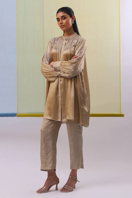 Buy Sue Mue Beige Chiffon, Silk , Embroidery Aafa Sleeve Shirt Kurta Pant Set Buy_Sue Mue_Beige Chiffon, Silk , Embroidery Aafa Sleeve Shirt Kurta Pant Set