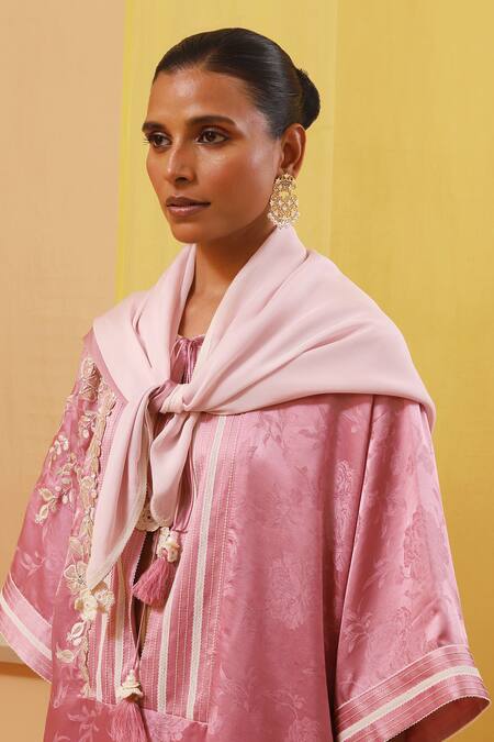 Buy_Sue Mue_Pink Chiffon, Satin, Satin, Embroidery, Applique Floral Kurta Set _Online_at_Aza_Fashions