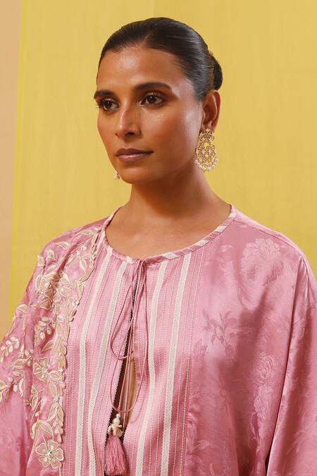 Shop_Sue Mue_Pink Chiffon, Satin, Satin, Embroidery, Applique Floral Kurta Set _Online_at_Aza_Fashions