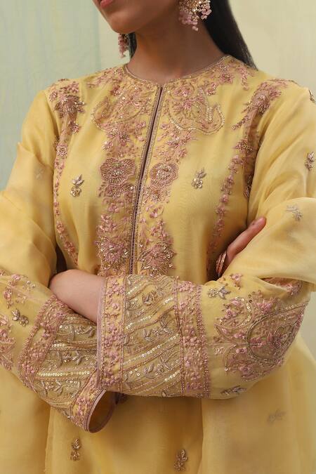 Shop_Sue Mue_Yellow Silk Organza Embroidery, Pearls, Sequins, Zari Mahiz Work Kurta Set _Online_at_Aza_Fashions