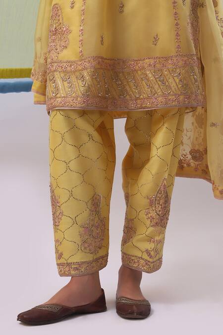 Sue Mue_Yellow Silk Organza Embroidery, Pearls, Sequins, Zari Mahiz Work Kurta Set _at_Aza_Fashions