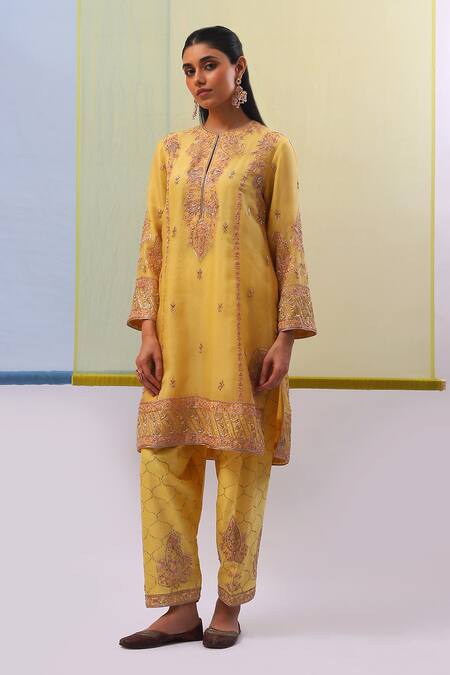 Shop_Sue Mue_Yellow Silk Organza Embroidery, Pearls, Sequins, Zari Mahiz Work Kurta Set 