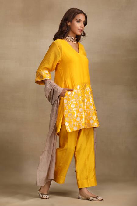Buy Trendy Tokari Yellow Silk, Chanderi Embroidery V-neck Brocade Pattern Kurta And Pant Set Online at Aza Fashions Buy_Trendy Tokari_Yellow Silk, Chanderi Embroidery V-neck Brocade Pattern Kurta And Pant Set _Online_at_Aza_Fashions