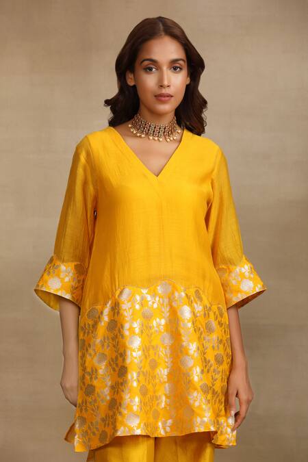 Shop Trendy Tokari Yellow Silk, Chanderi Embroidery V-neck Brocade Pattern Kurta And Pant Set Online at Aza Fashions Shop_Trendy Tokari_Yellow Silk, Chanderi Embroidery V-neck Brocade Pattern Kurta And Pant Set _Online_at_Aza_Fashions